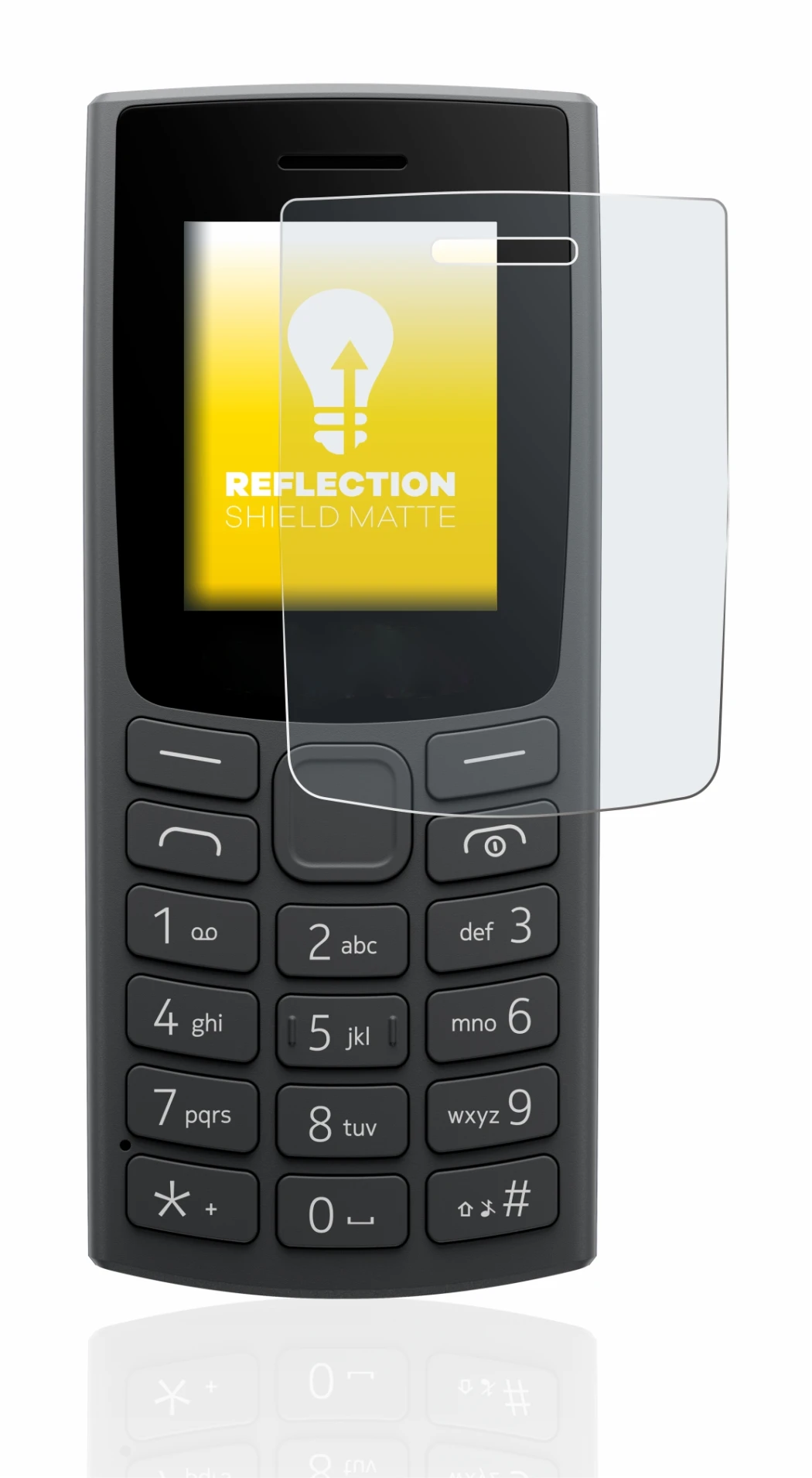 Immagine del dispositivo Nokia 105 (2023) con un'ampia varietà di protezioni per lo schermo.