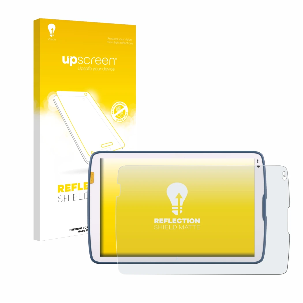 Parte frontale di una confezione del prodotto con il logo del marchio upscreen. Accanto è raffigurato il dispositivo Zebra ET4