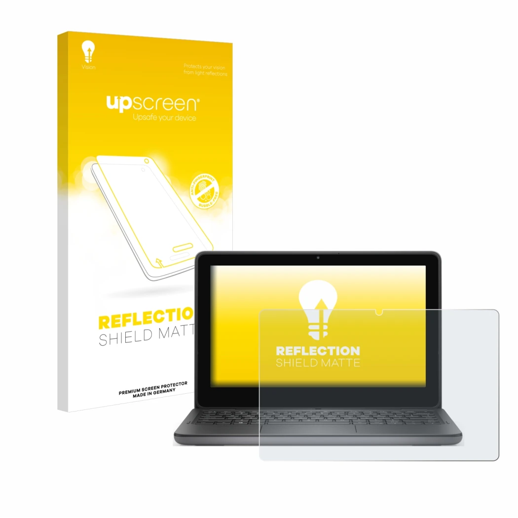 Parte frontale di una confezione del prodotto con il logo del marchio upscreen. Accanto è raffigurato il dispositivo Dell Lati