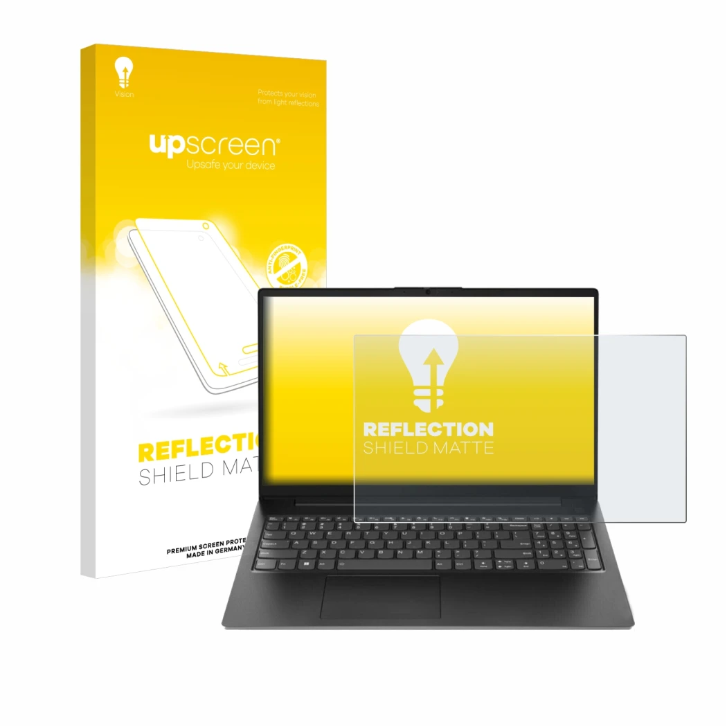 Parte frontale di una confezione del prodotto con il logo del marchio upscreen. Accanto è raffigurato il dispositivo Lenovo V1