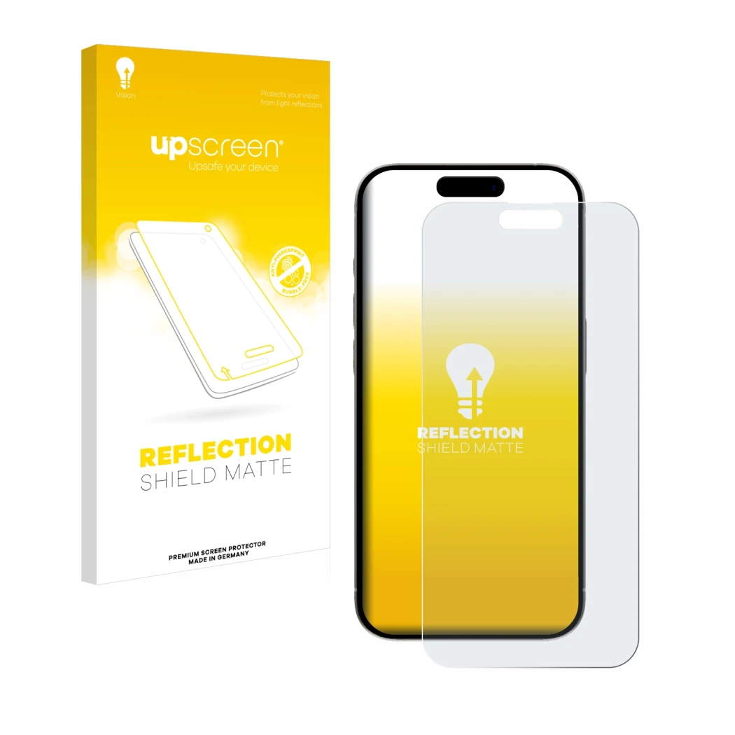 Parte frontale di una confezione del prodotto con il logo del marchio upscreen. Accanto è raffigurato il dispositivo Apple iPh