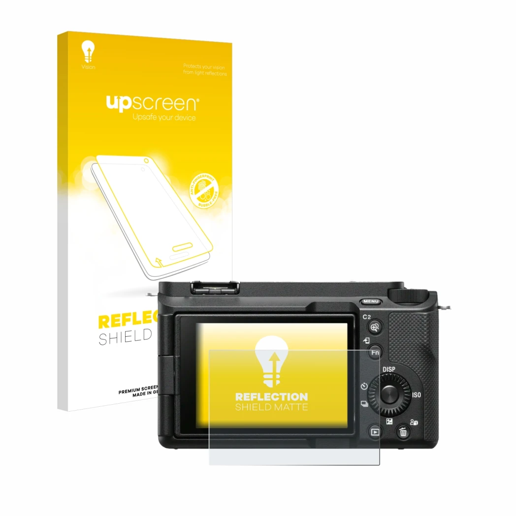 Parte frontale di una confezione del prodotto con il logo del marchio upscreen. Accanto è raffigurato il dispositivo Sony Alph