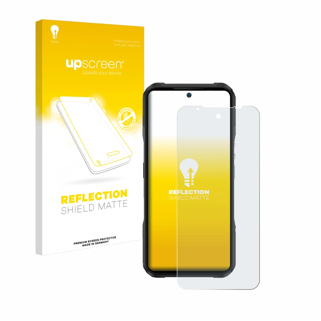 Parte frontale di una confezione del prodotto con il logo del marchio upscreen. Accanto è raffigurato il dispositivo Doogee V2