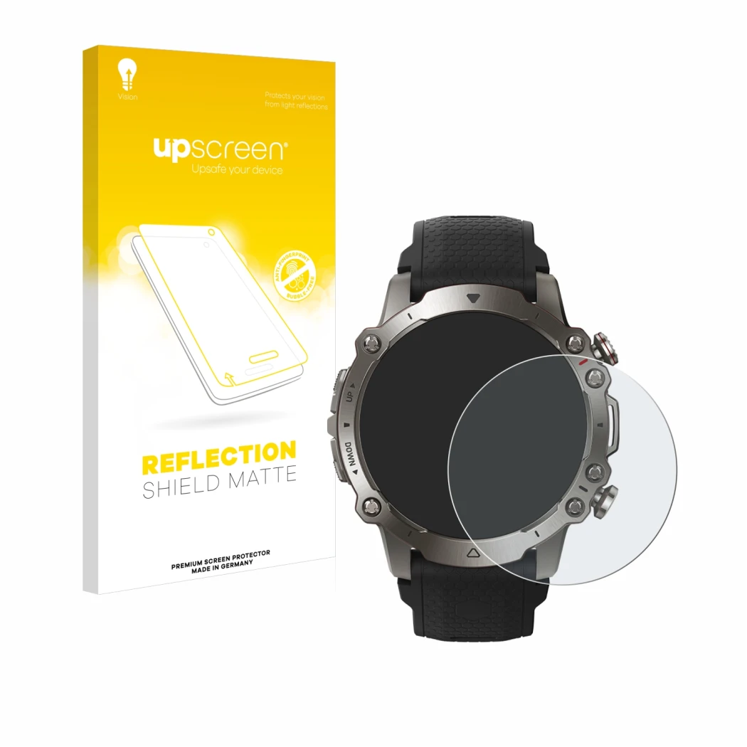 Parte frontale di una confezione del prodotto con il logo del marchio upscreen. Accanto è raffigurato il dispositivo Huami Ama