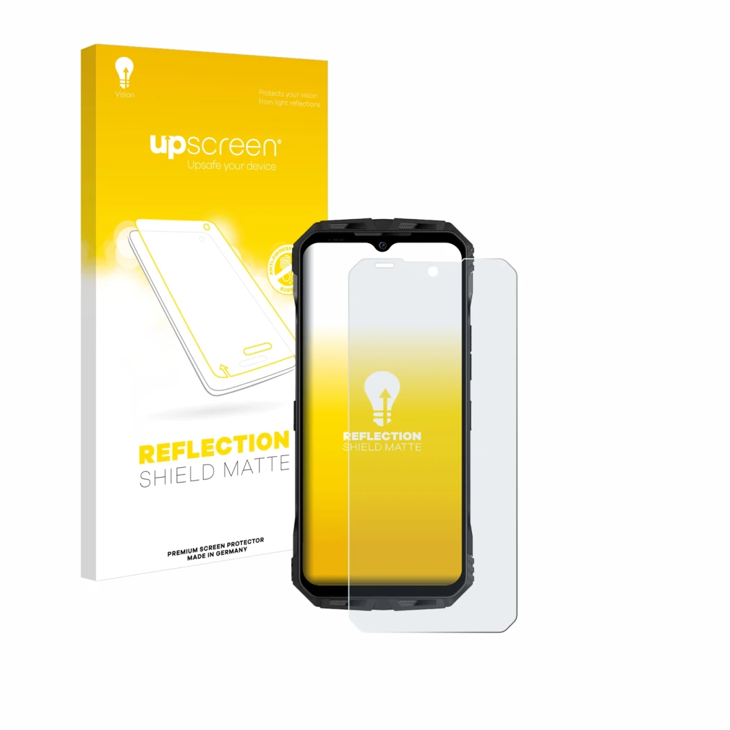 Parte frontale di una confezione del prodotto con il logo del marchio upscreen. Accanto è raffigurato il dispositivo Doogee V3