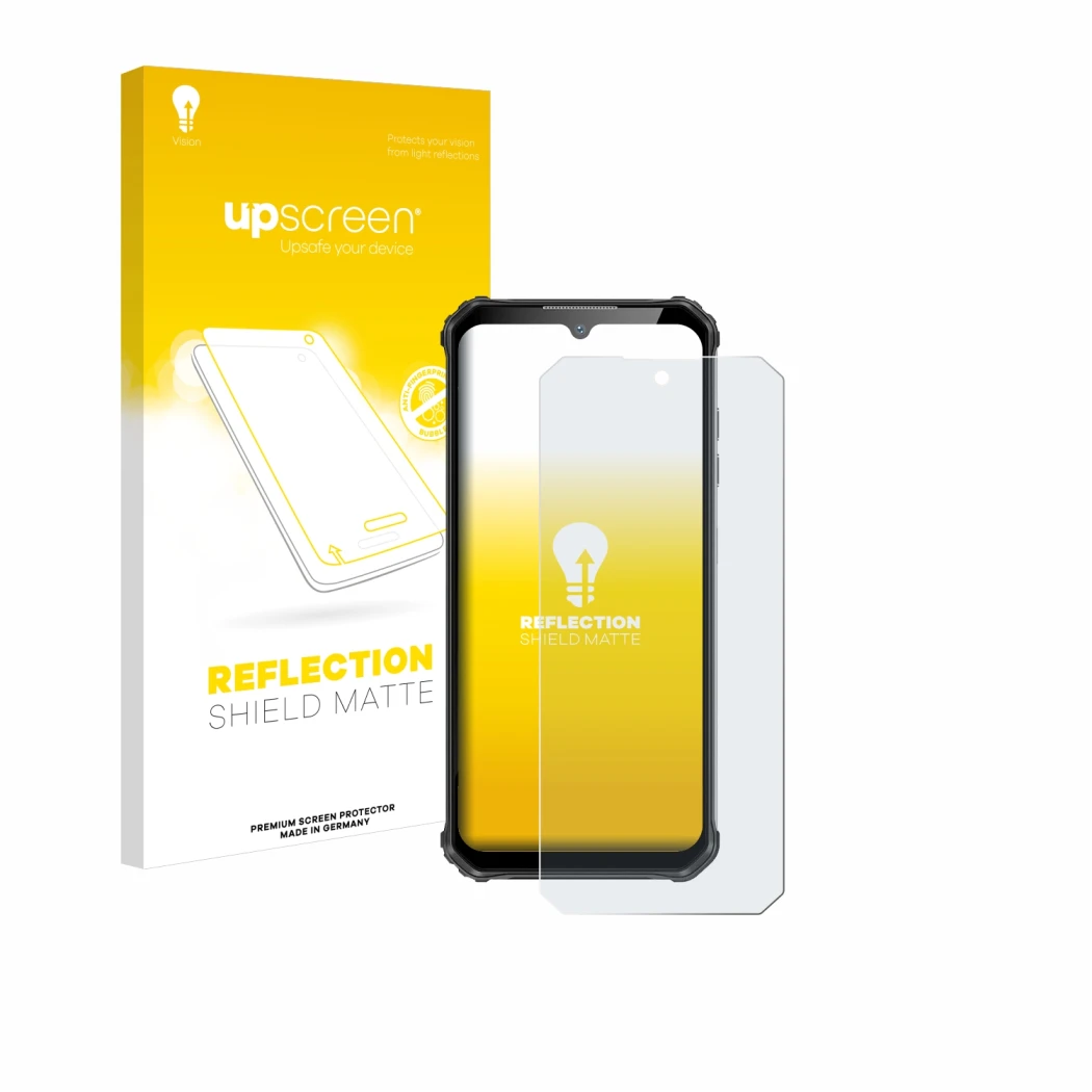 Parte frontale di una confezione del prodotto con il logo del marchio upscreen. Accanto è raffigurato il dispositivo Oukitel W