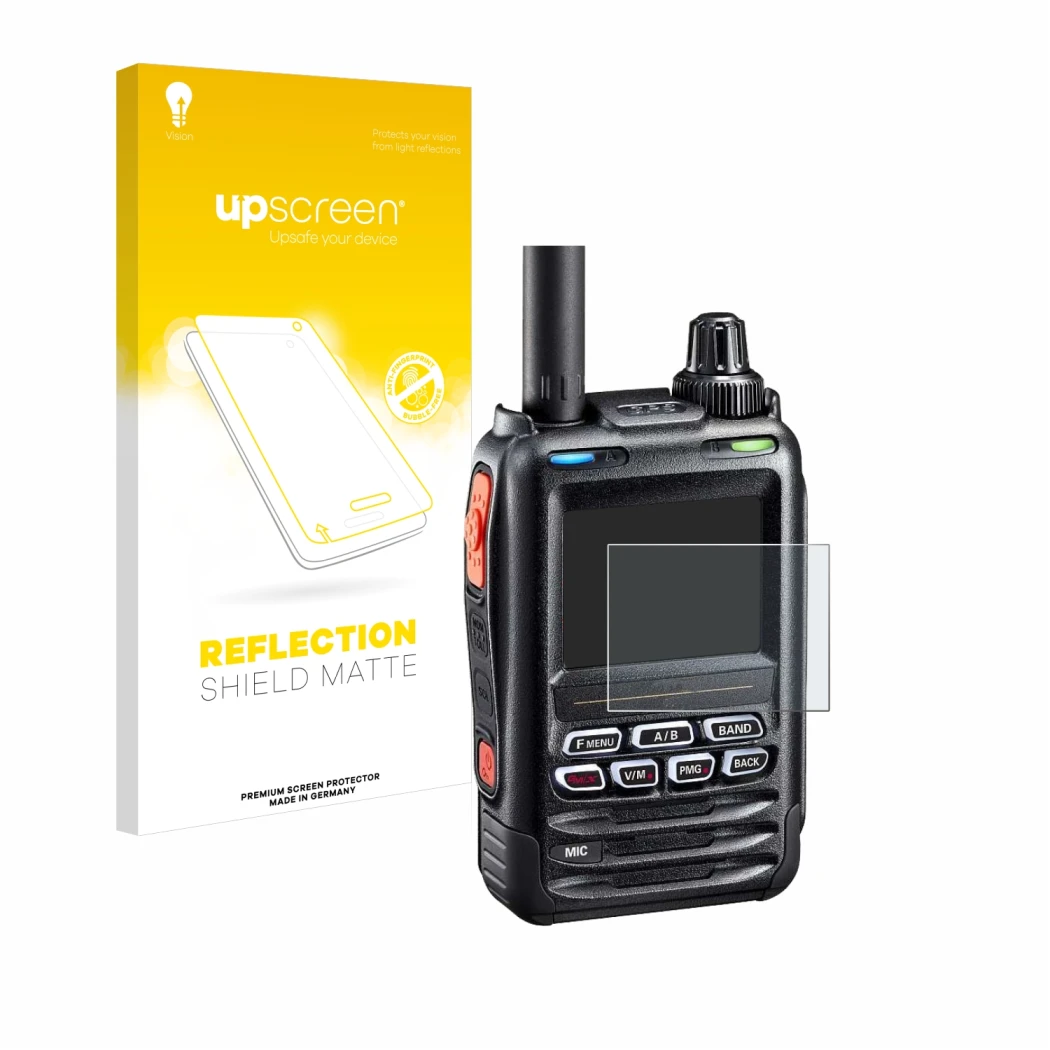 Parte frontale di una confezione del prodotto con il logo del marchio upscreen. Accanto è raffigurato il dispositivo Yaesu FT-