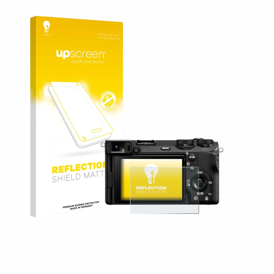 Parte frontale di una confezione del prodotto con il logo del marchio upscreen. Accanto è raffigurato il dispositivo Sony Alph