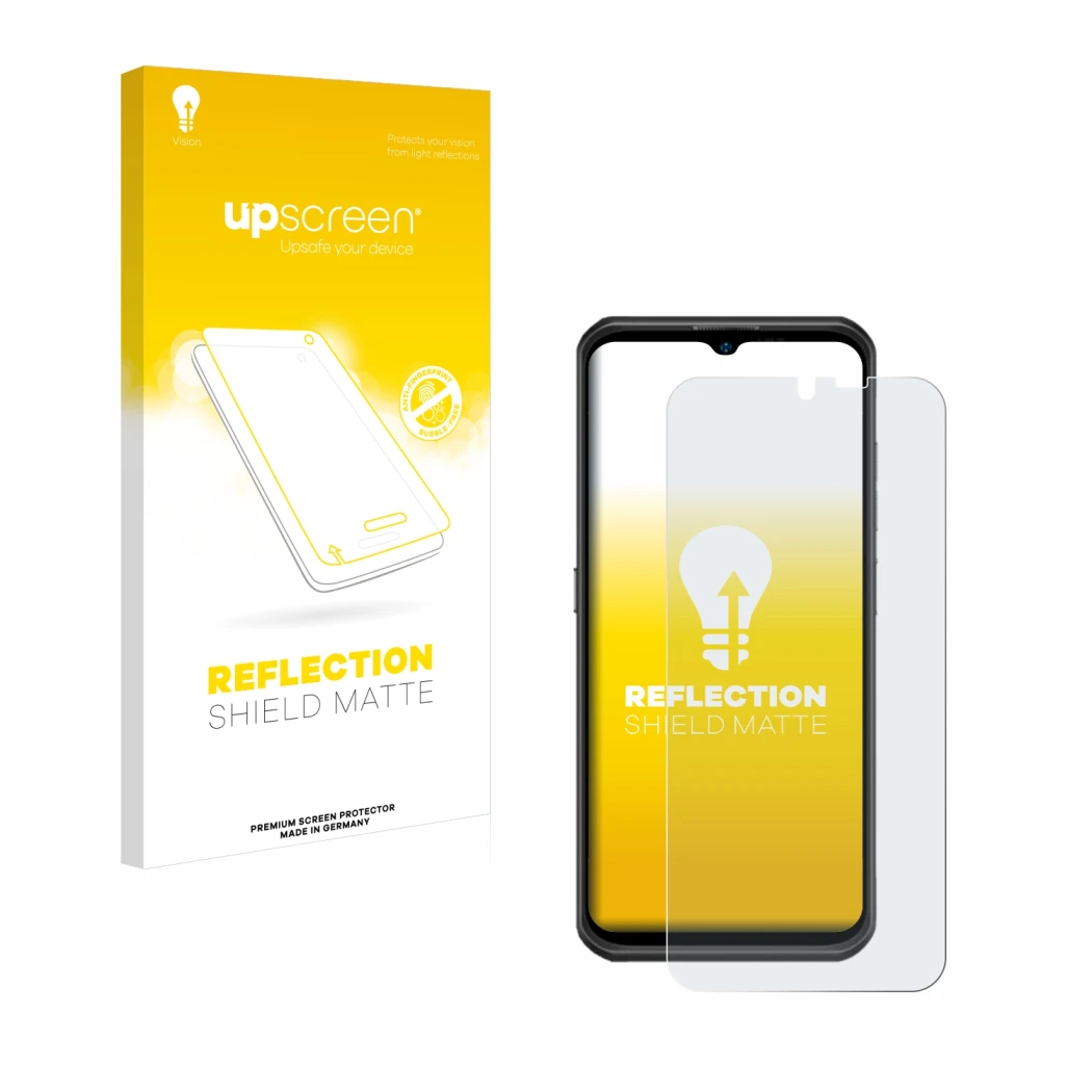 Parte frontale di una confezione del prodotto con il logo del marchio upscreen. Accanto è raffigurato il dispositivo Ulefone A