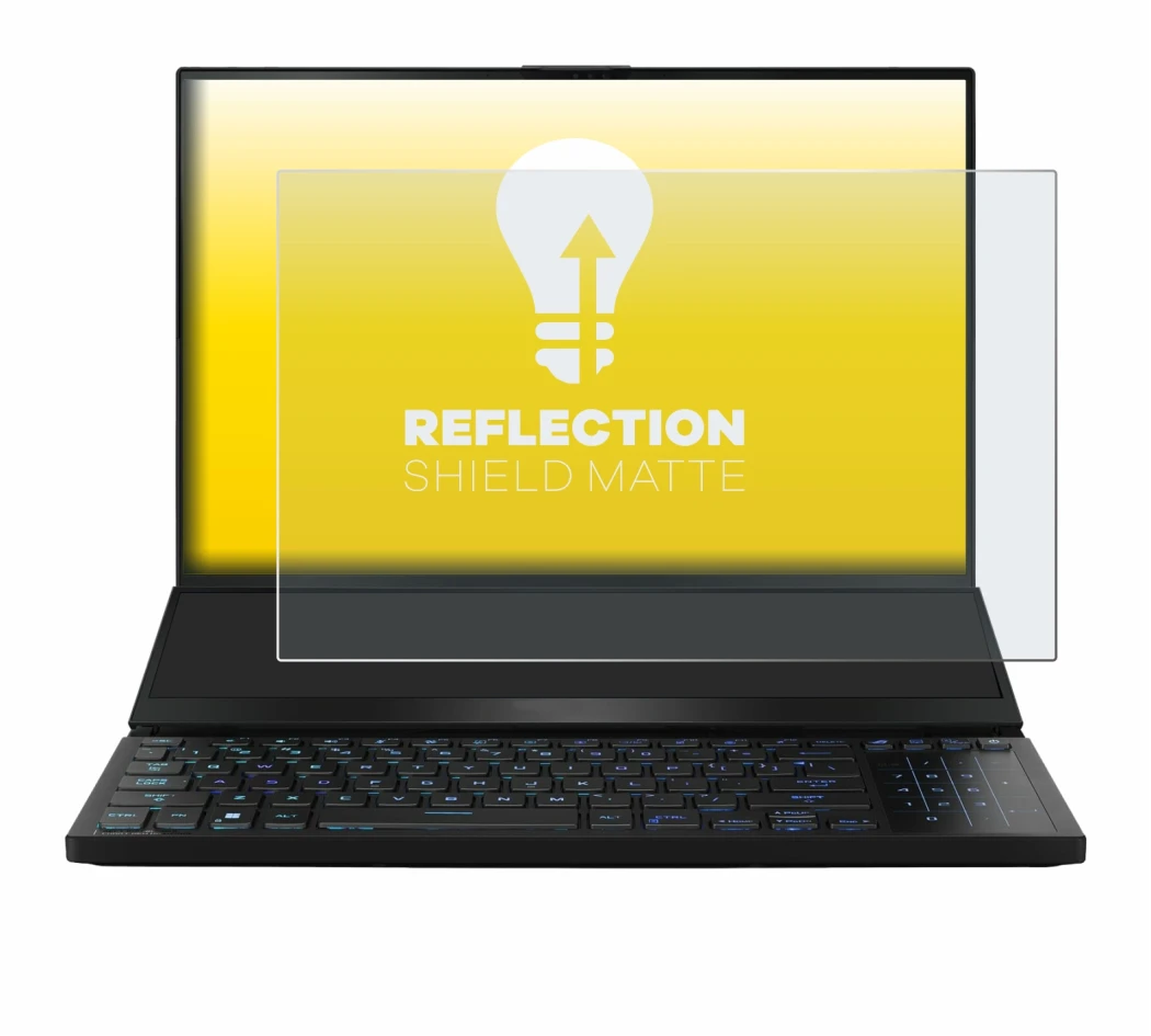 Immagine del dispositivo ASUS ROG Zephyrus Duo 16 2023 con un'ampia varietà di protezioni per lo schermo.