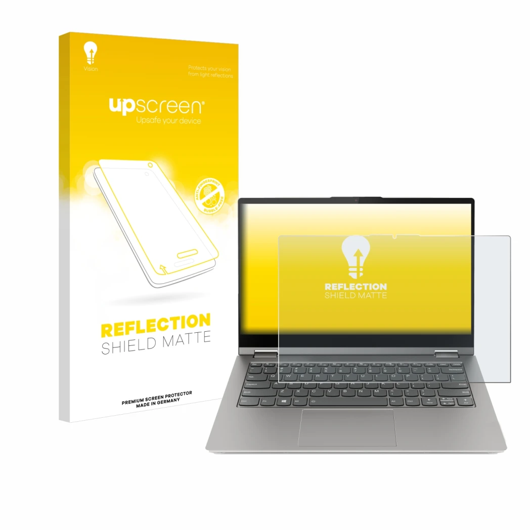 Parte frontale di una confezione del prodotto con il logo del marchio upscreen. Accanto è raffigurato il dispositivo Lenovo Th