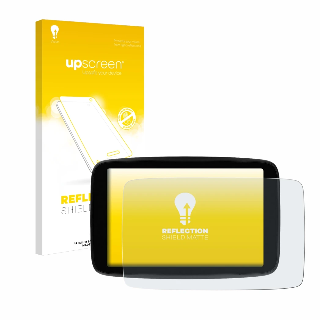 Parte frontale di una confezione del prodotto con il logo del marchio upscreen. Accanto è raffigurato il dispositivo TomTom GO