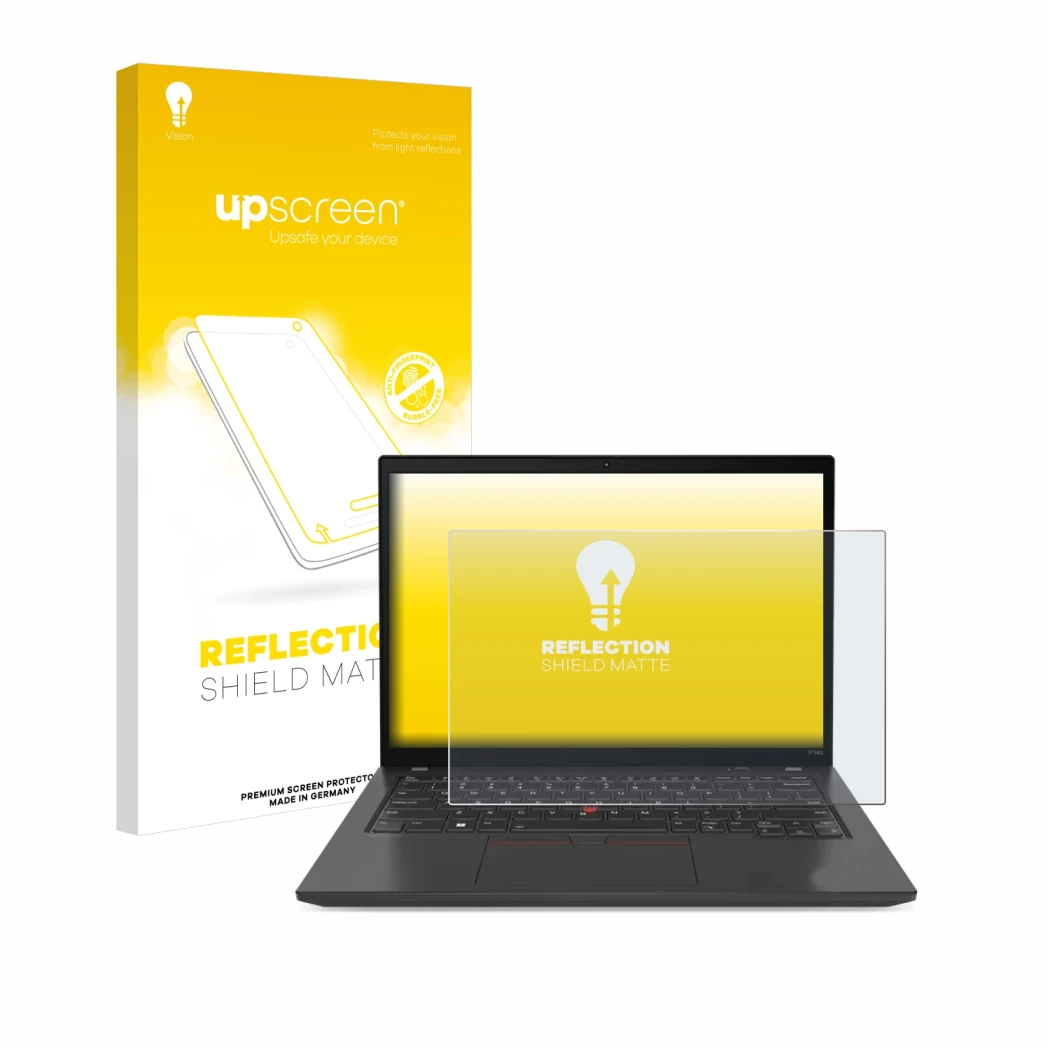 Parte frontale di una confezione del prodotto con il logo del marchio upscreen. Accanto è raffigurato il dispositivo Lenovo Th