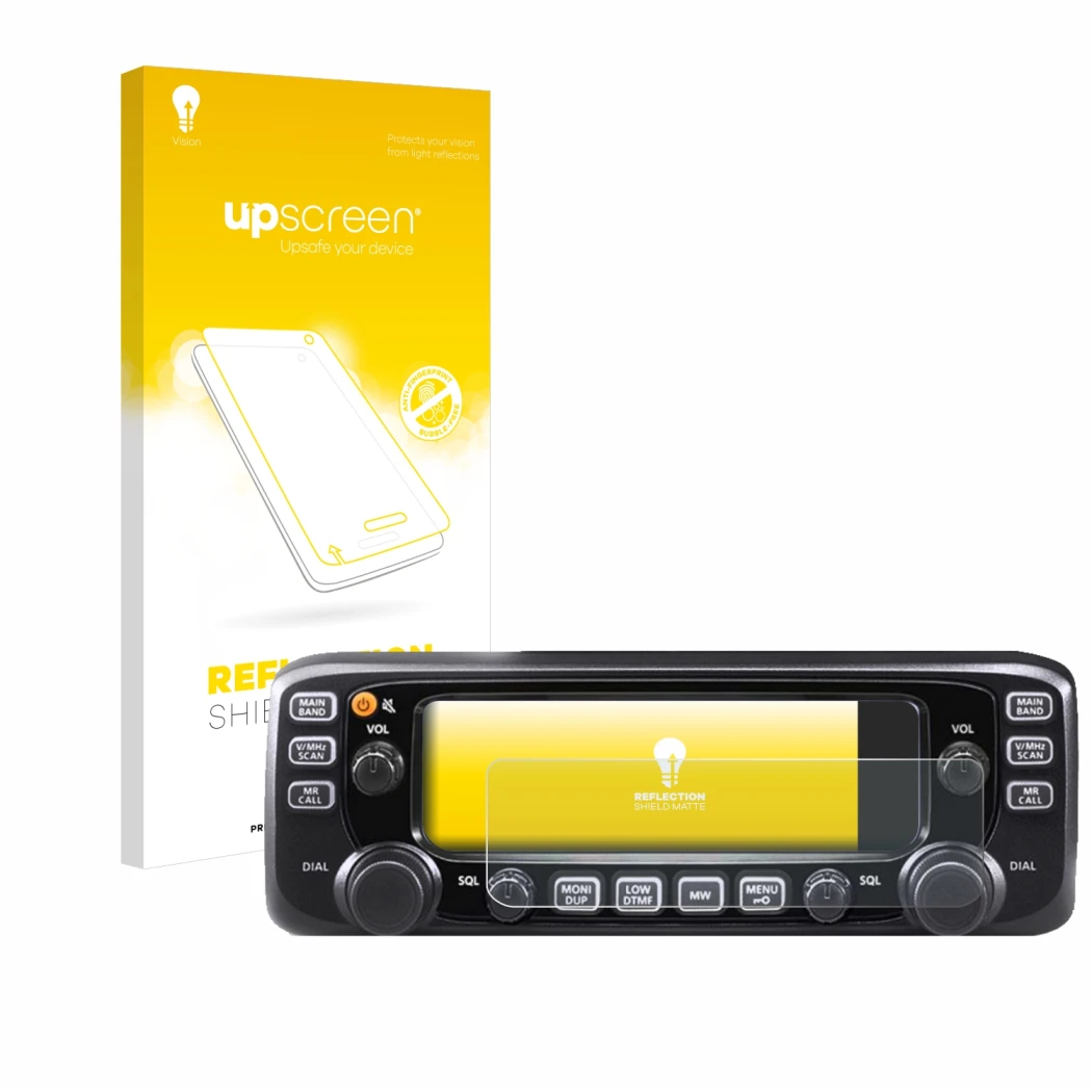 Parte frontale di una confezione del prodotto con il logo del marchio upscreen. Accanto è raffigurato il dispositivo Icom IC-2