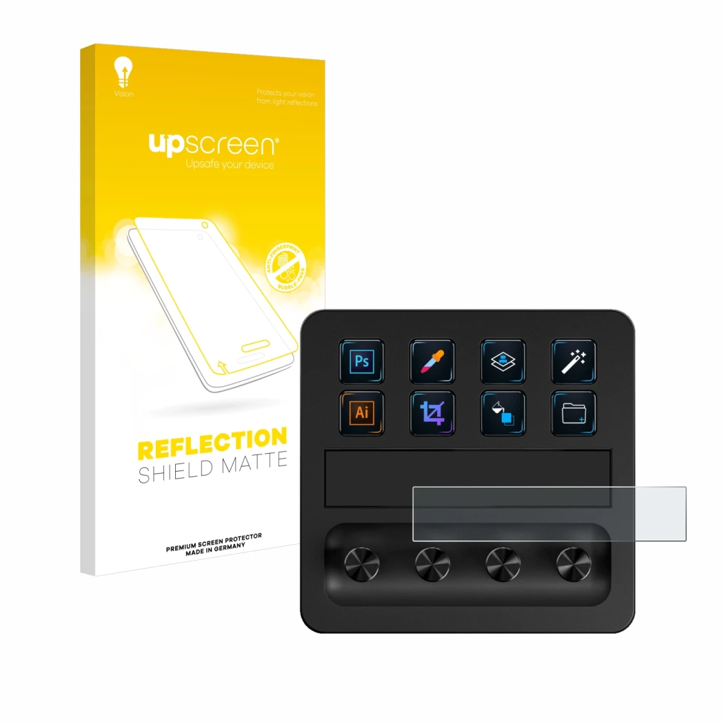 Parte frontale di una confezione del prodotto con il logo del marchio upscreen. Accanto è raffigurato il dispositivo Elgato St