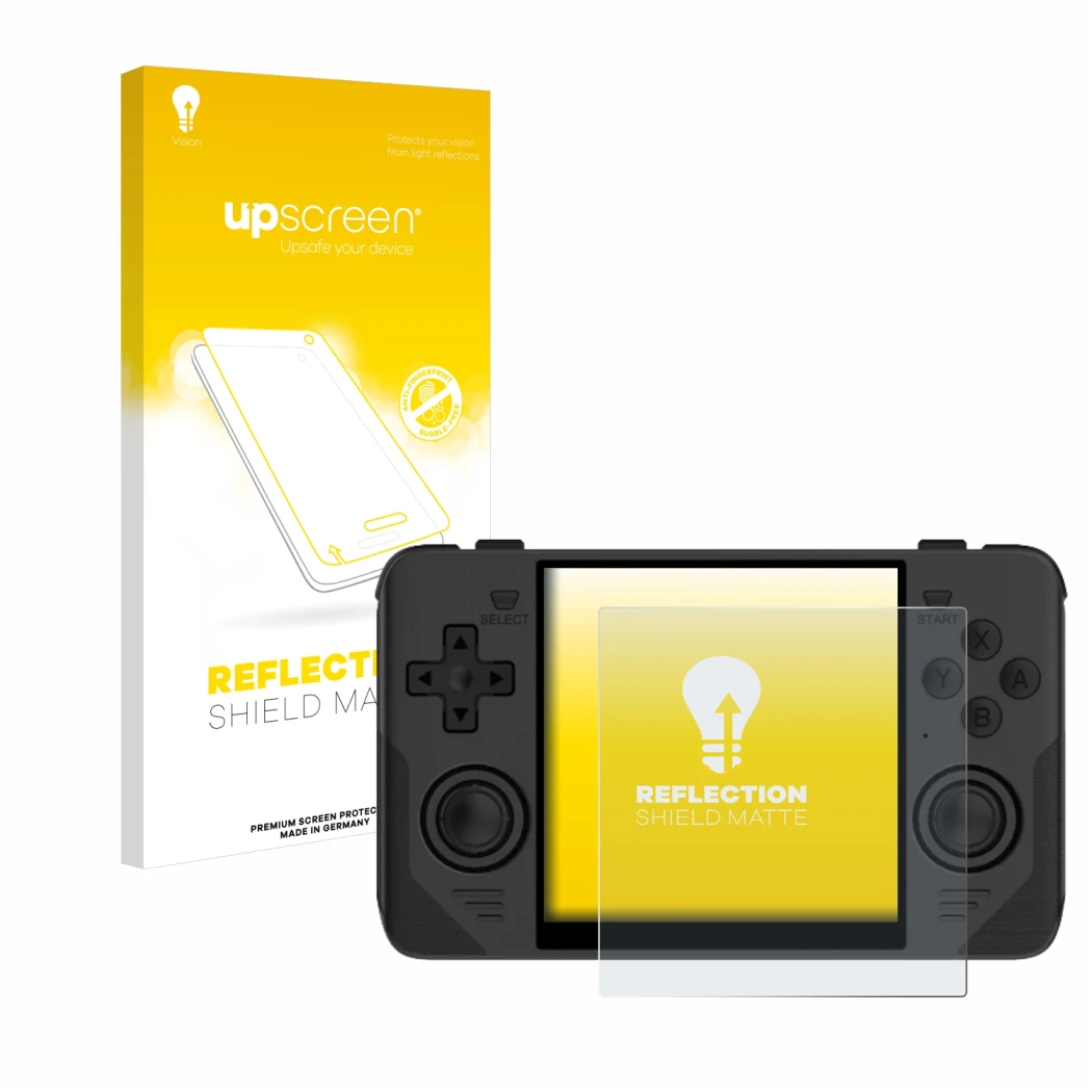 Parte frontale di una confezione del prodotto con il logo del marchio upscreen. Accanto è raffigurato il dispositivo Powkiddy