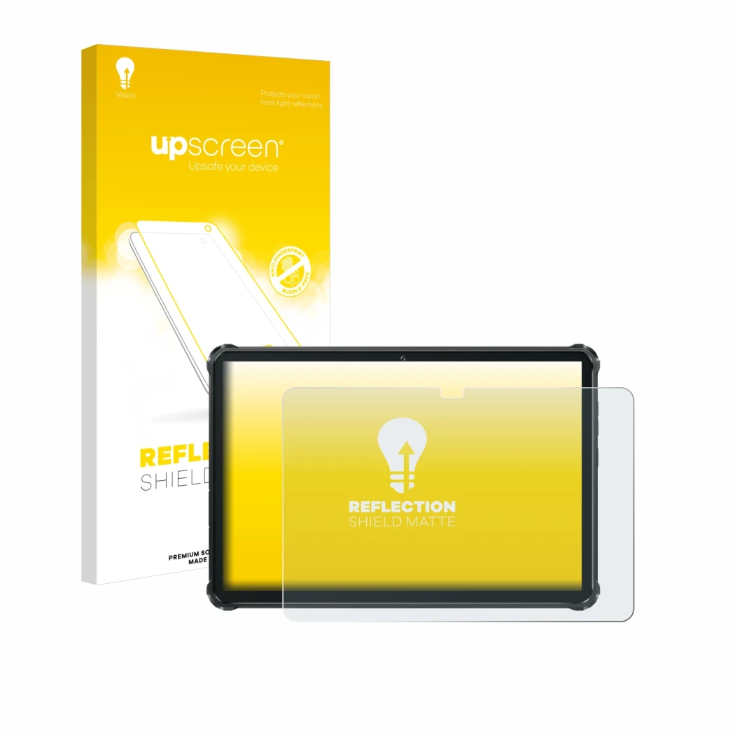 Parte frontale di una confezione del prodotto con il logo del marchio upscreen. Accanto è raffigurato il dispositivo Oukitel R