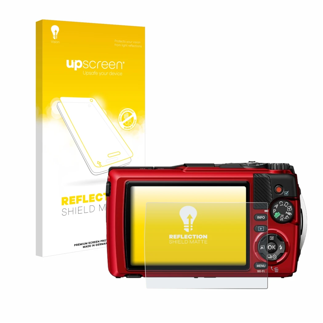 Parte frontale di una confezione del prodotto con il logo del marchio upscreen. Accanto è raffigurato il dispositivo Olympus O