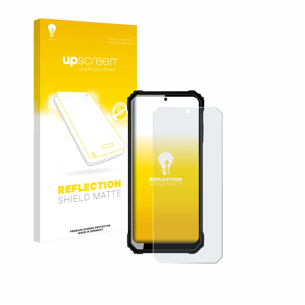 Parte frontale di una confezione del prodotto con il logo del marchio upscreen. Accanto è raffigurato il dispositivo Oukitel W