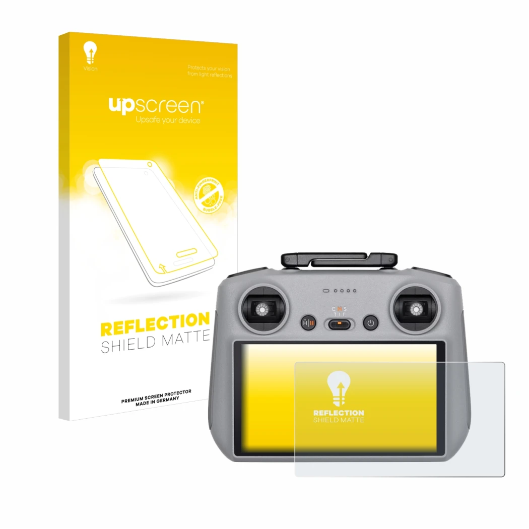 Parte frontale di una confezione del prodotto con il logo del marchio upscreen. Accanto è raffigurato il dispositivo DJI RC 2