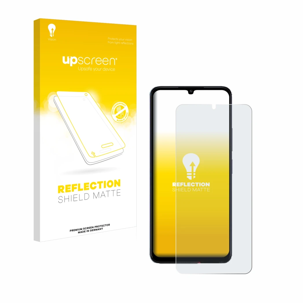 Parte frontale di una confezione del prodotto con il logo del marchio upscreen. Accanto è raffigurato il dispositivo Xiaomi Po