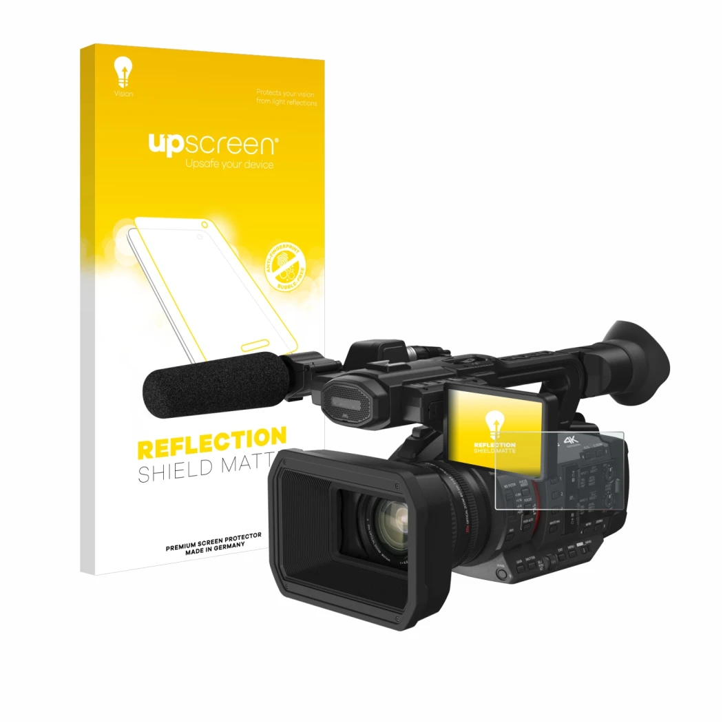 Parte frontale di una confezione del prodotto con il logo del marchio upscreen. Accanto è raffigurato il dispositivo Panasonic