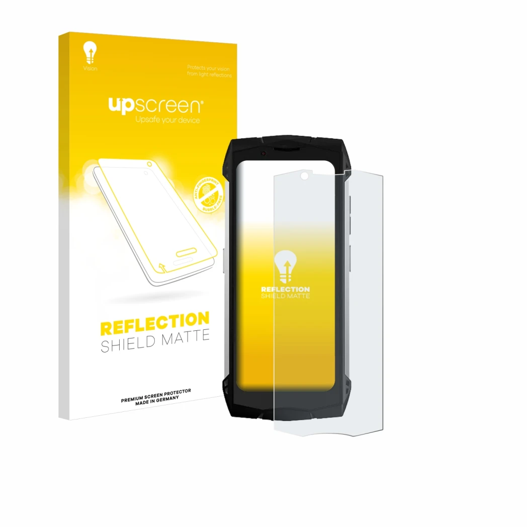 Parte frontale di una confezione del prodotto con il logo del marchio upscreen. Accanto è raffigurato il dispositivo Doogee S