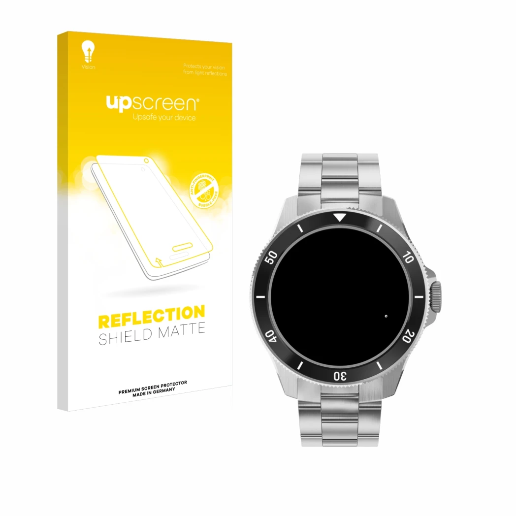 Parte frontale di una confezione del prodotto con il logo del marchio upscreen. Accanto è raffigurato il dispositivo Withings