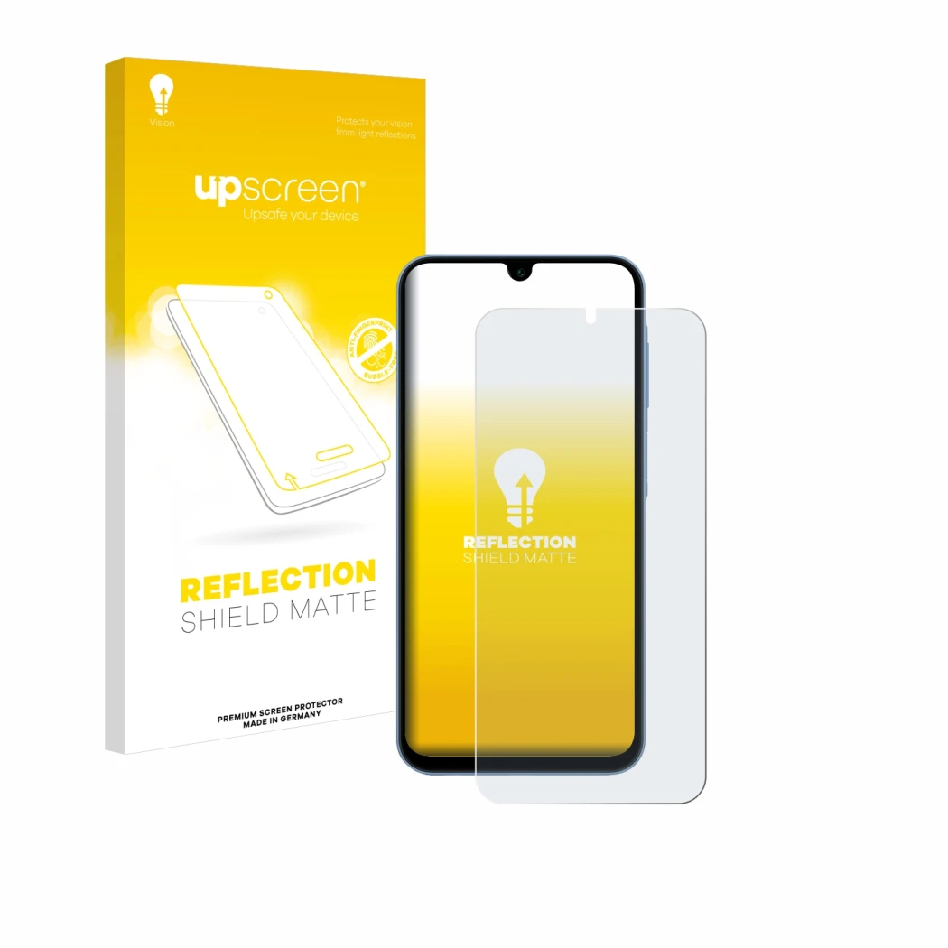 Parte frontale di una confezione del prodotto con il logo del marchio upscreen. Accanto è raffigurato il dispositivo Samsung G