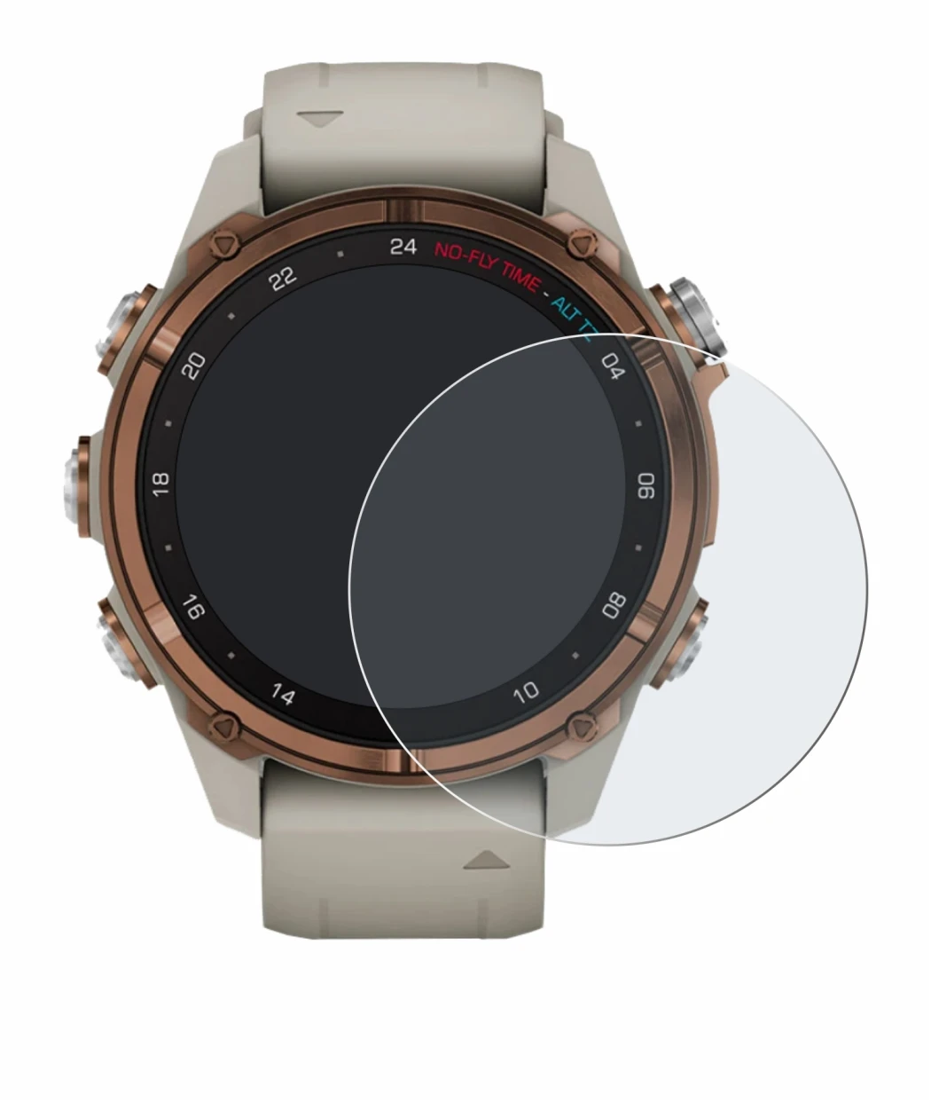 Immagine del dispositivo Garmin Descent Mk3 (43 mm) con un'ampia varietà di protezioni per lo schermo.