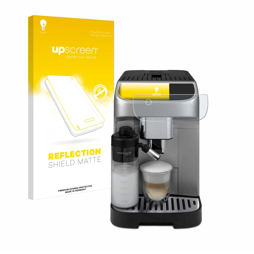 Parte frontale di una confezione del prodotto con il logo del marchio upscreen. Accanto è raffigurato il dispositivo DeLonghi 