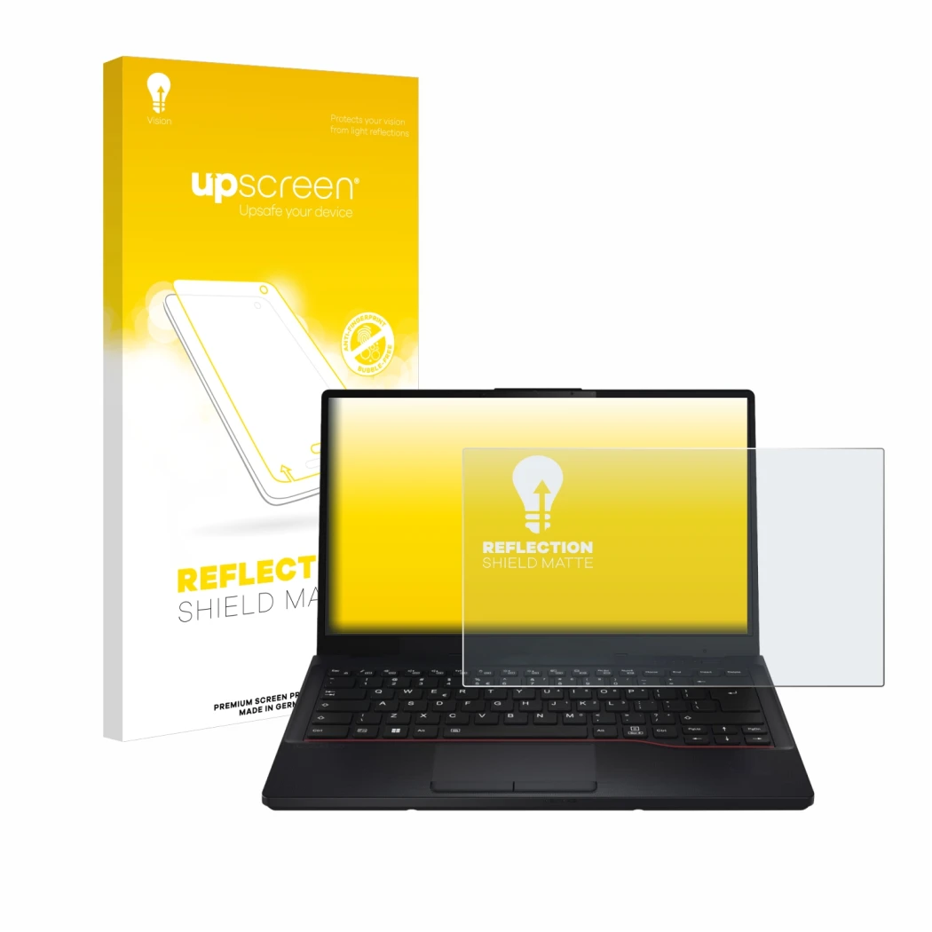 Parte frontale di una confezione del prodotto con il logo del marchio upscreen. Accanto è raffigurato il dispositivo Fujitsu L