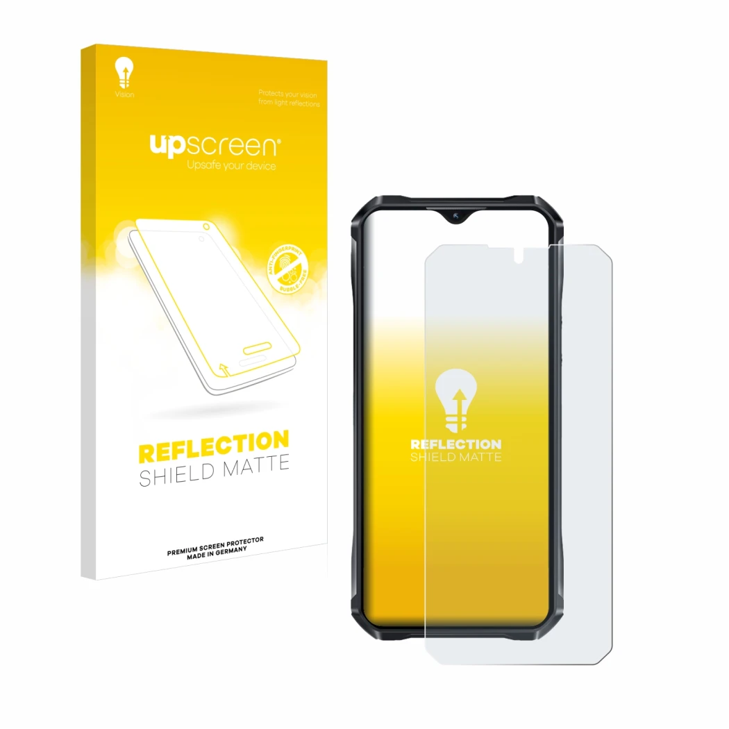 Parte frontale di una confezione del prodotto con il logo del marchio upscreen. Accanto è raffigurato il dispositivo Oukitel W