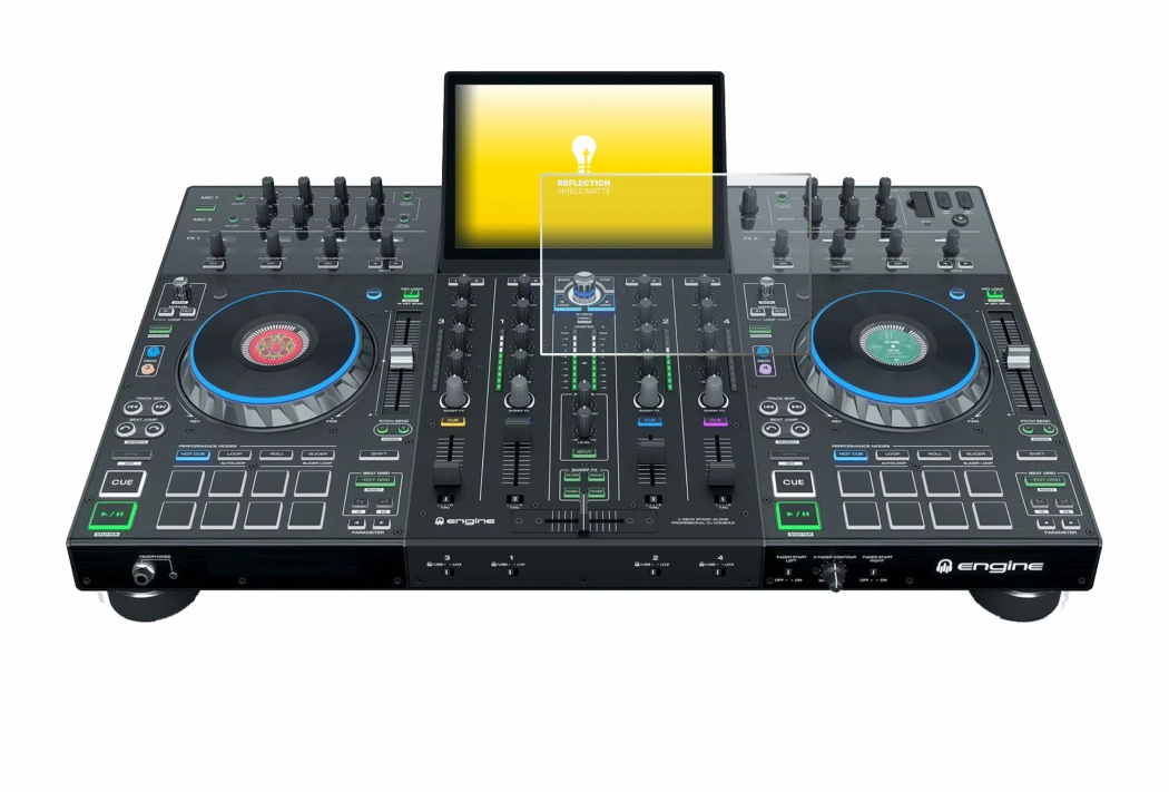 Immagine del dispositivo Denon DJ Prime 4+ con un'ampia varietà di protezioni per lo schermo.