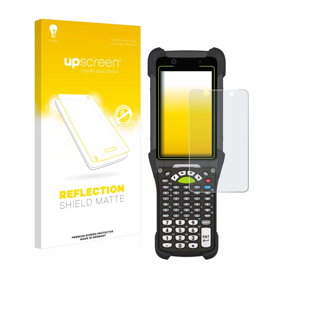 Parte frontale di una confezione del prodotto con il logo del marchio upscreen. Accanto è raffigurato il dispositivo Zebra MC9