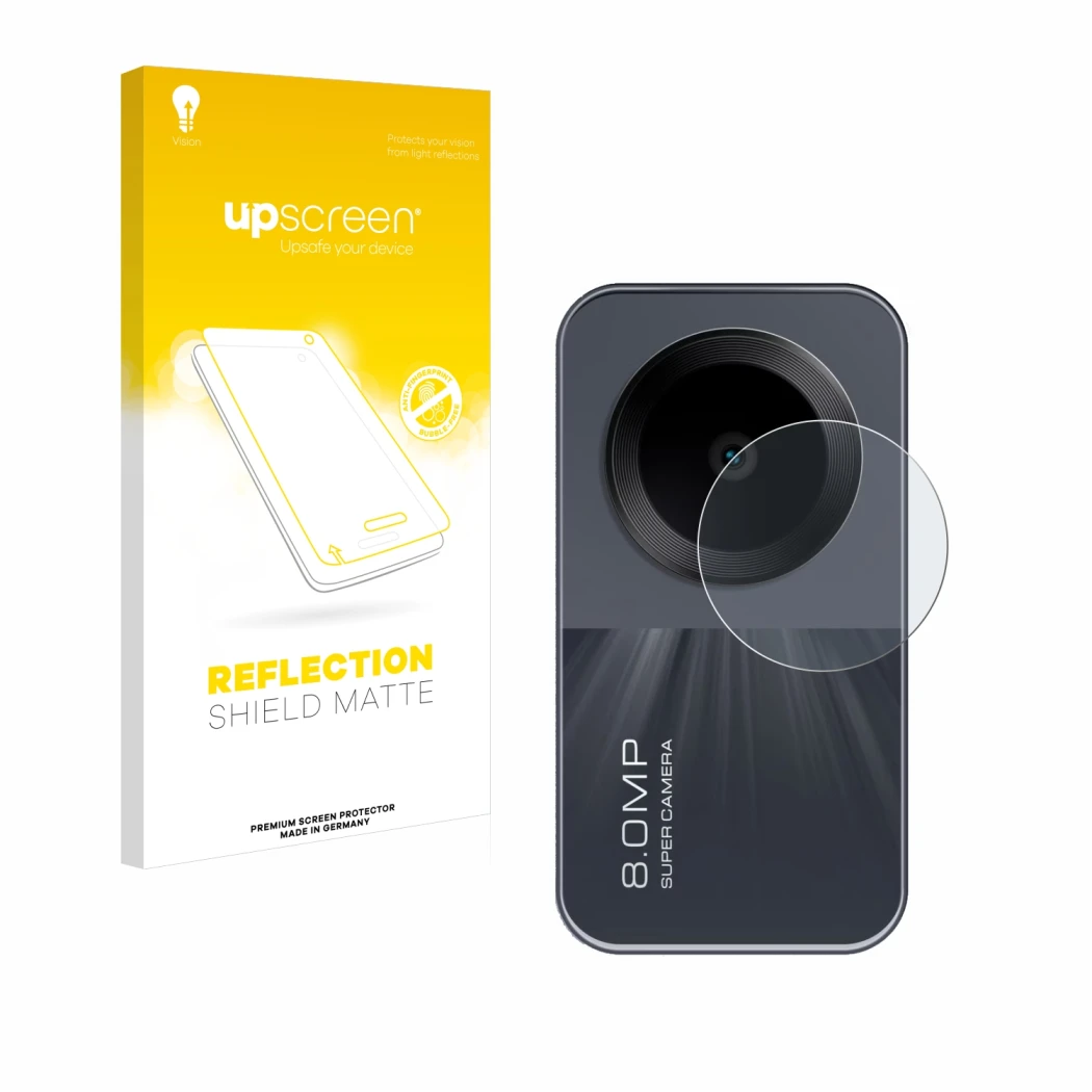 Parte frontale di una confezione del prodotto con il logo del marchio upscreen. Accanto è raffigurato il dispositivo Xiaomi Re