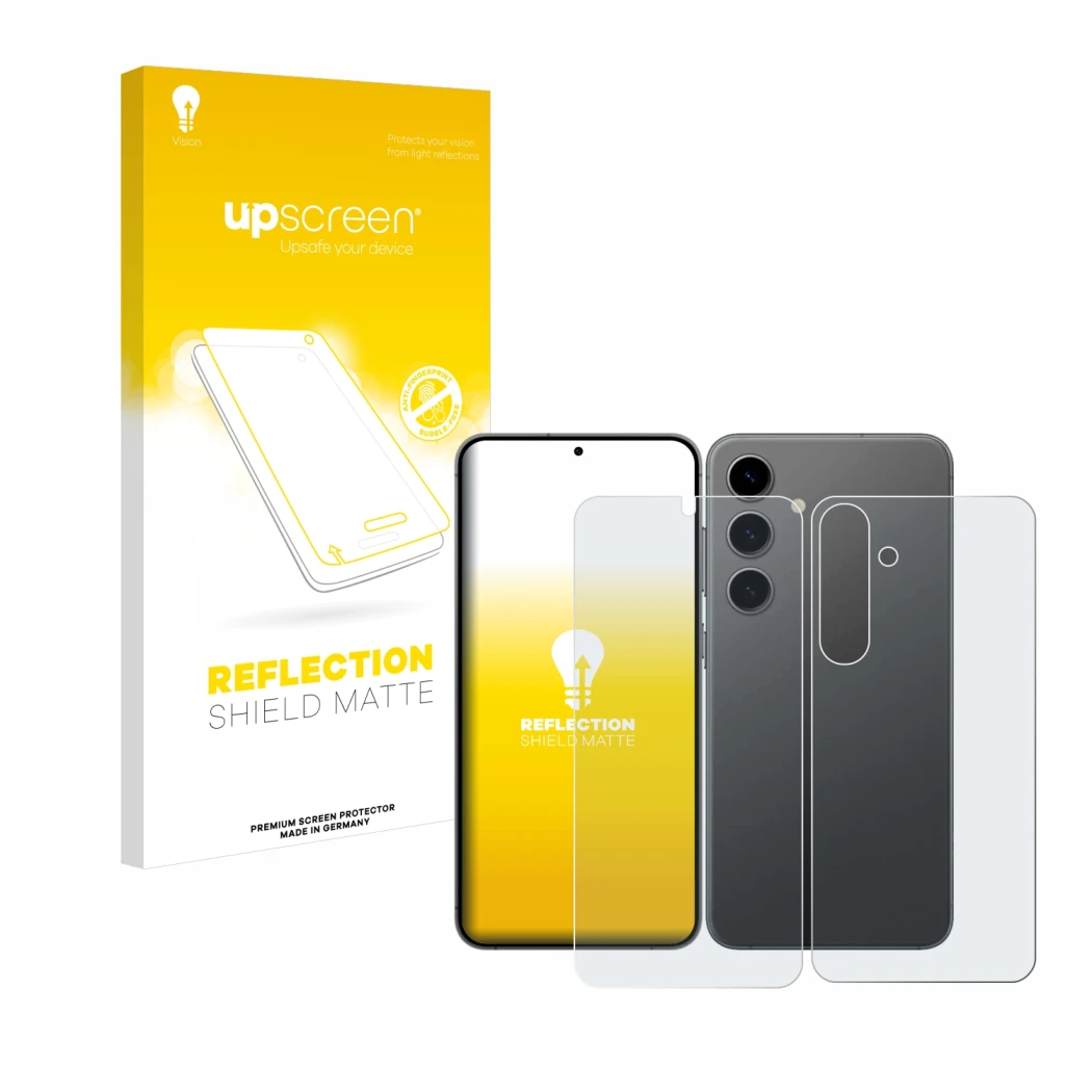 Parte frontale di una confezione del prodotto con il logo del marchio upscreen. Accanto è raffigurato il dispositivo Samsung G