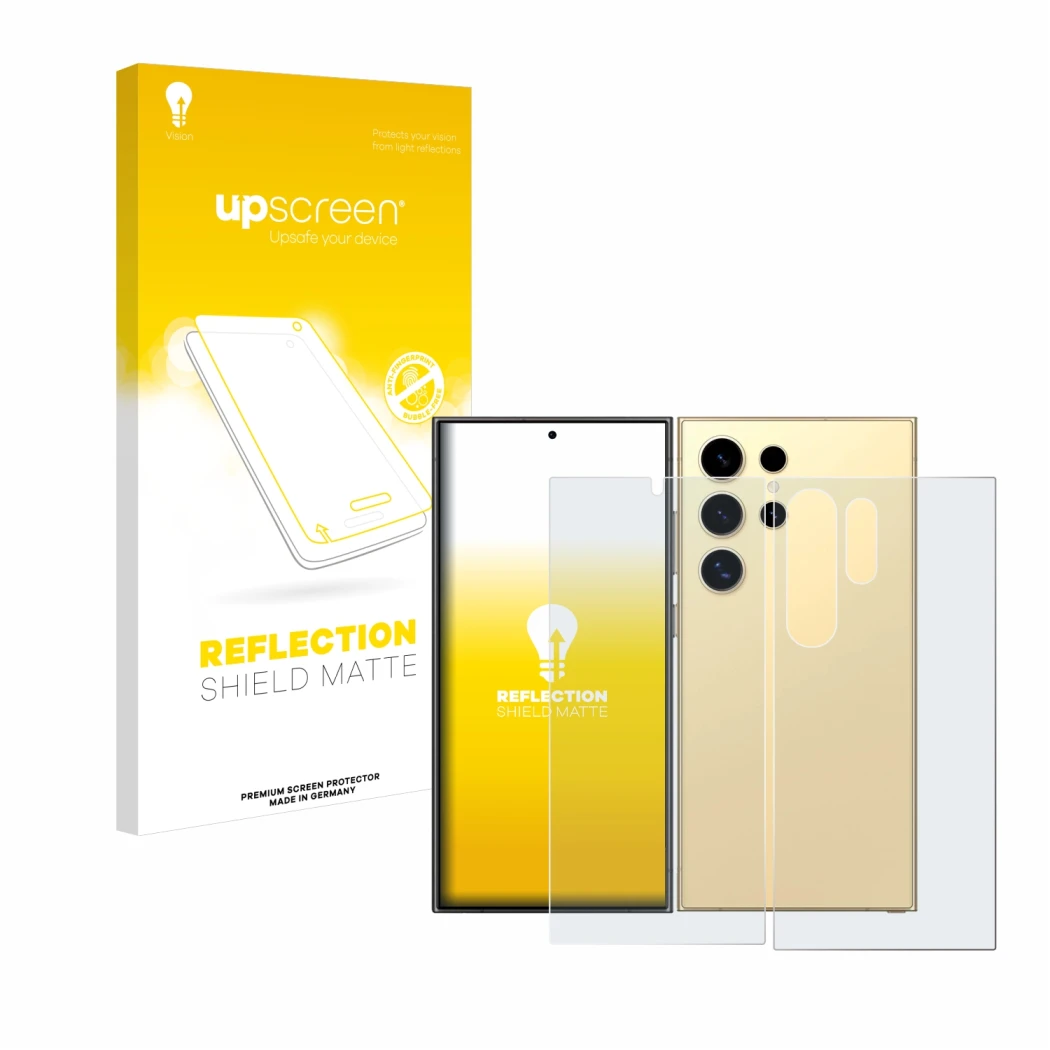 Parte frontale di una confezione del prodotto con il logo del marchio upscreen. Accanto è raffigurato il dispositivo Samsung G