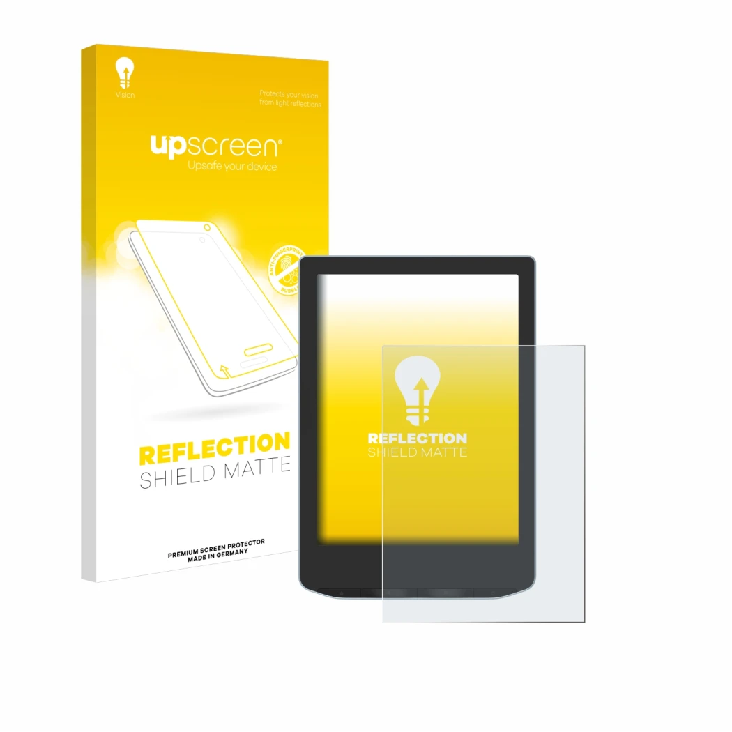 Parte frontale di una confezione del prodotto con il logo del marchio upscreen. Accanto è raffigurato il dispositivo Vivlio Li