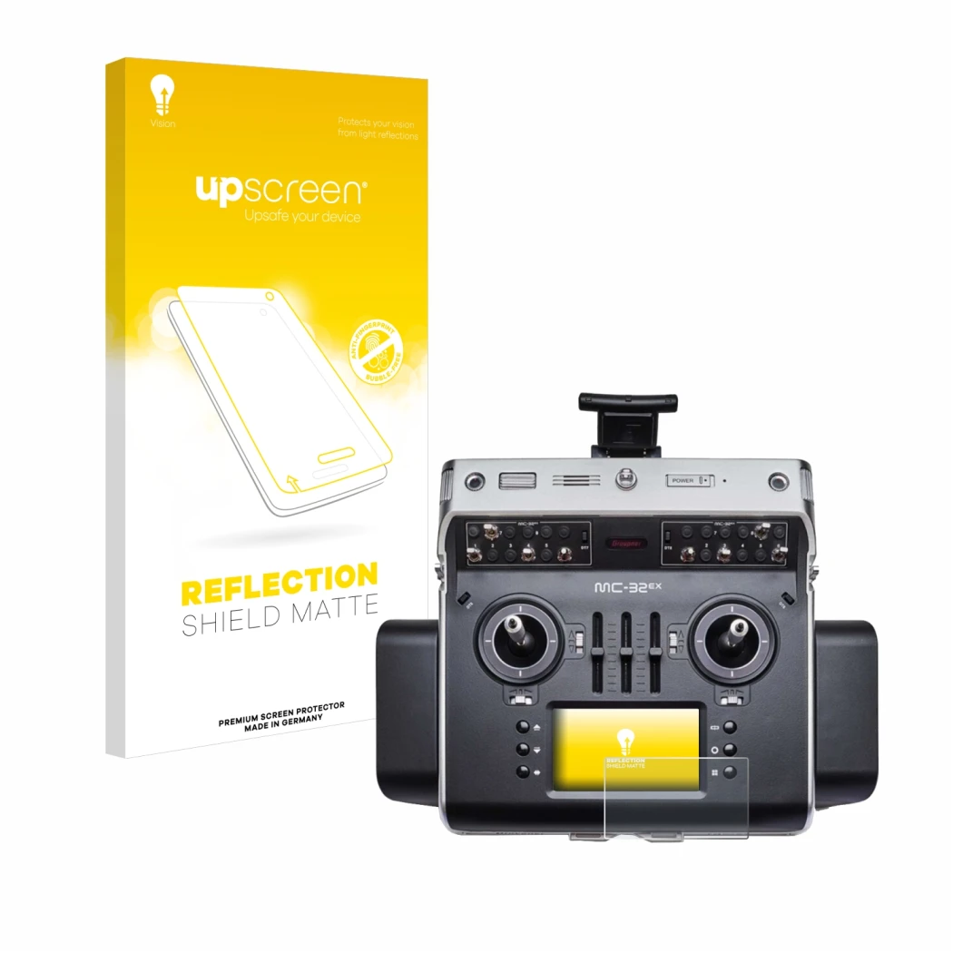 Parte frontale di una confezione del prodotto con il logo del marchio upscreen. Accanto è raffigurato il dispositivo Graupner 