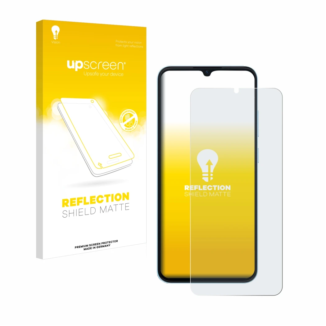Parte frontale di una confezione del prodotto con il logo del marchio upscreen. Accanto è raffigurato il dispositivo Blackview