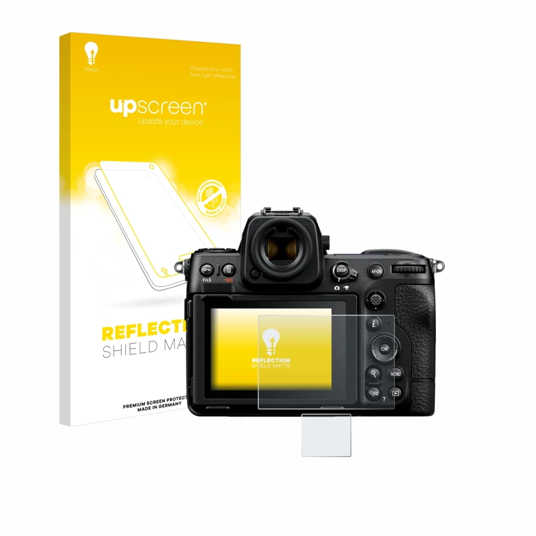 Parte frontale di una confezione del prodotto con il logo del marchio upscreen. Accanto è raffigurato il dispositivo Nikon Z 8