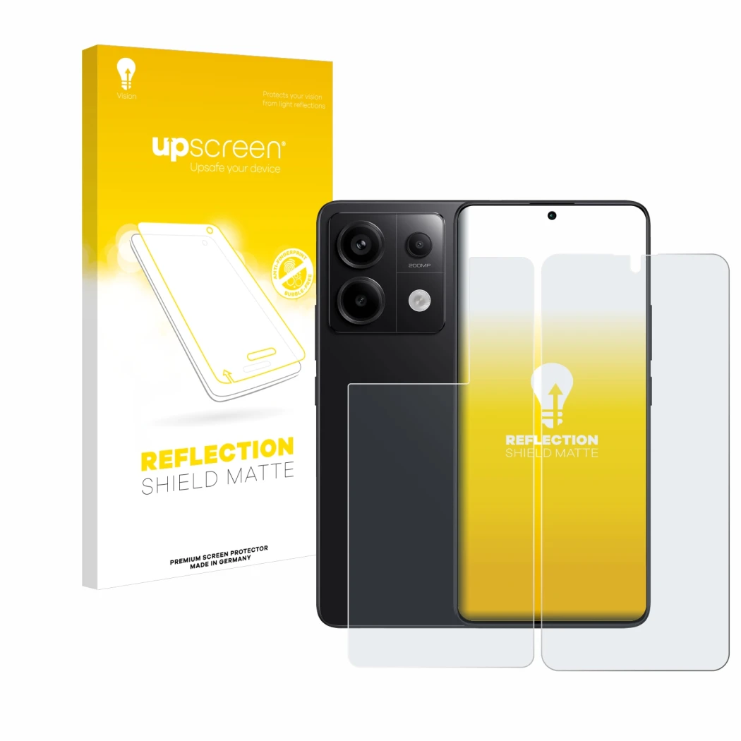 Parte frontale di una confezione del prodotto con il logo del marchio upscreen. Accanto è raffigurato il dispositivo Xiaomi Re