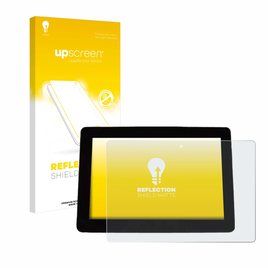 Parte frontale di una confezione del prodotto con il logo del marchio upscreen. Accanto è raffigurato il dispositivo Trimble X