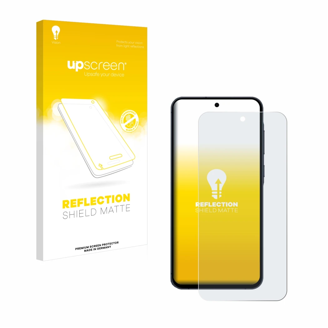 Parte frontale di una confezione del prodotto con il logo del marchio upscreen. Accanto è raffigurato il dispositivo Samsung G