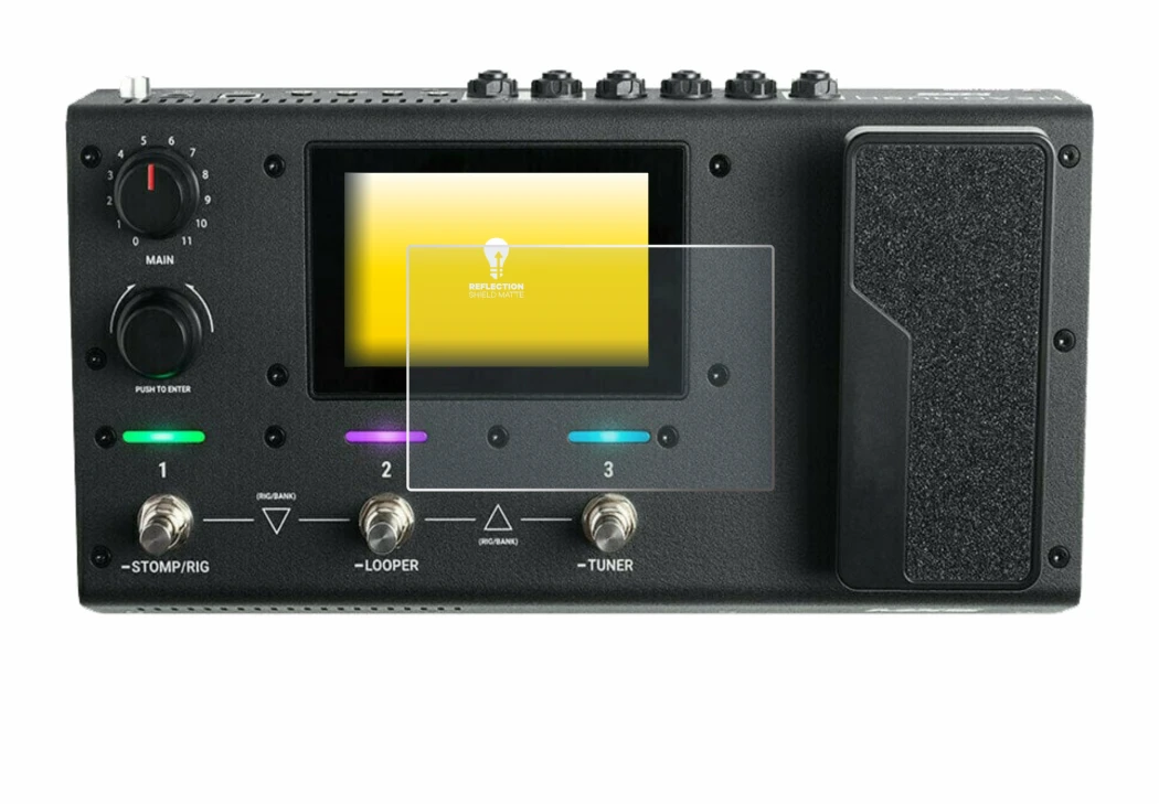 Immagine del dispositivo Headrush MX5 con un'ampia varietà di protezioni per lo schermo.
