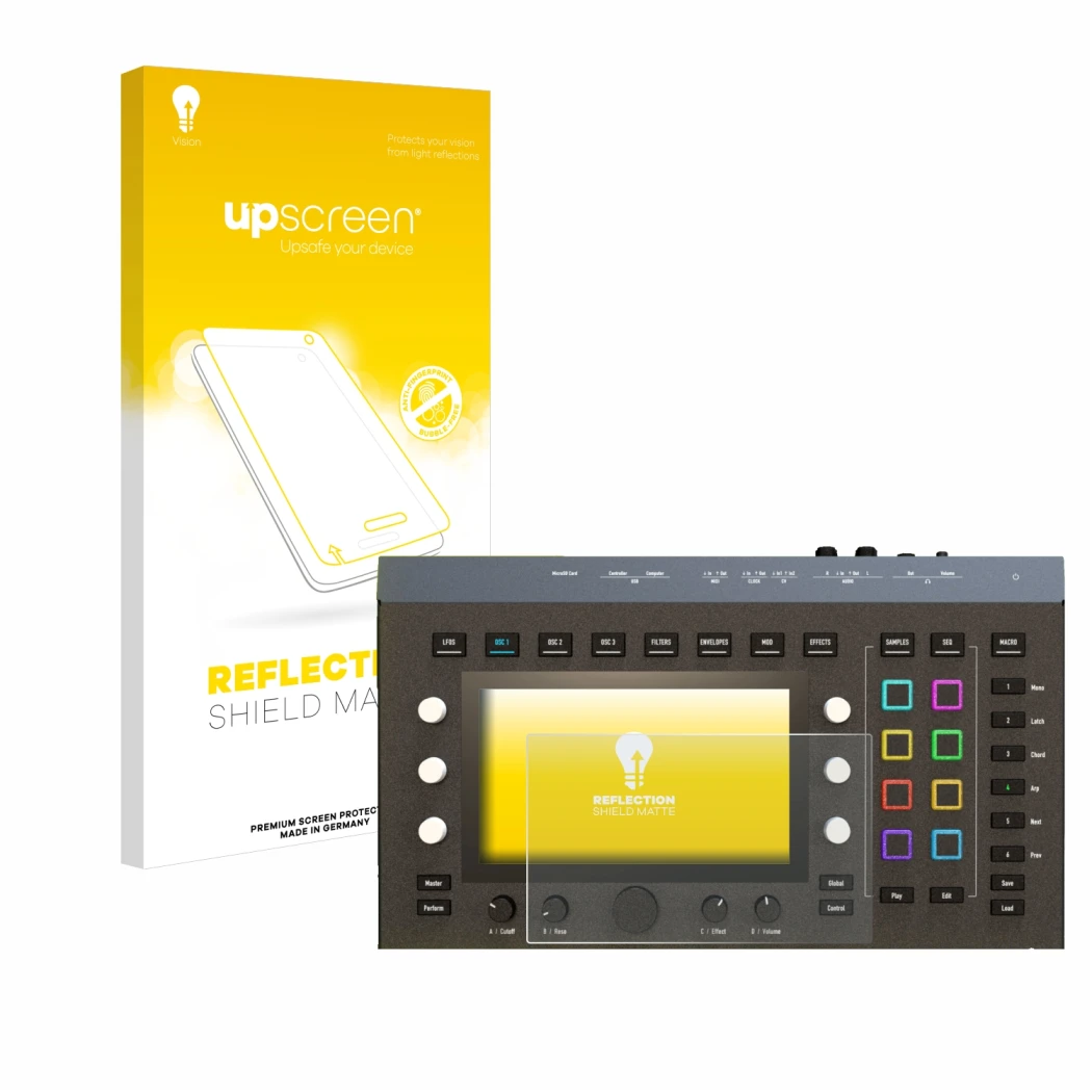Parte frontale di una confezione del prodotto con il logo del marchio upscreen. Accanto è raffigurato il dispositivo Waldorf I