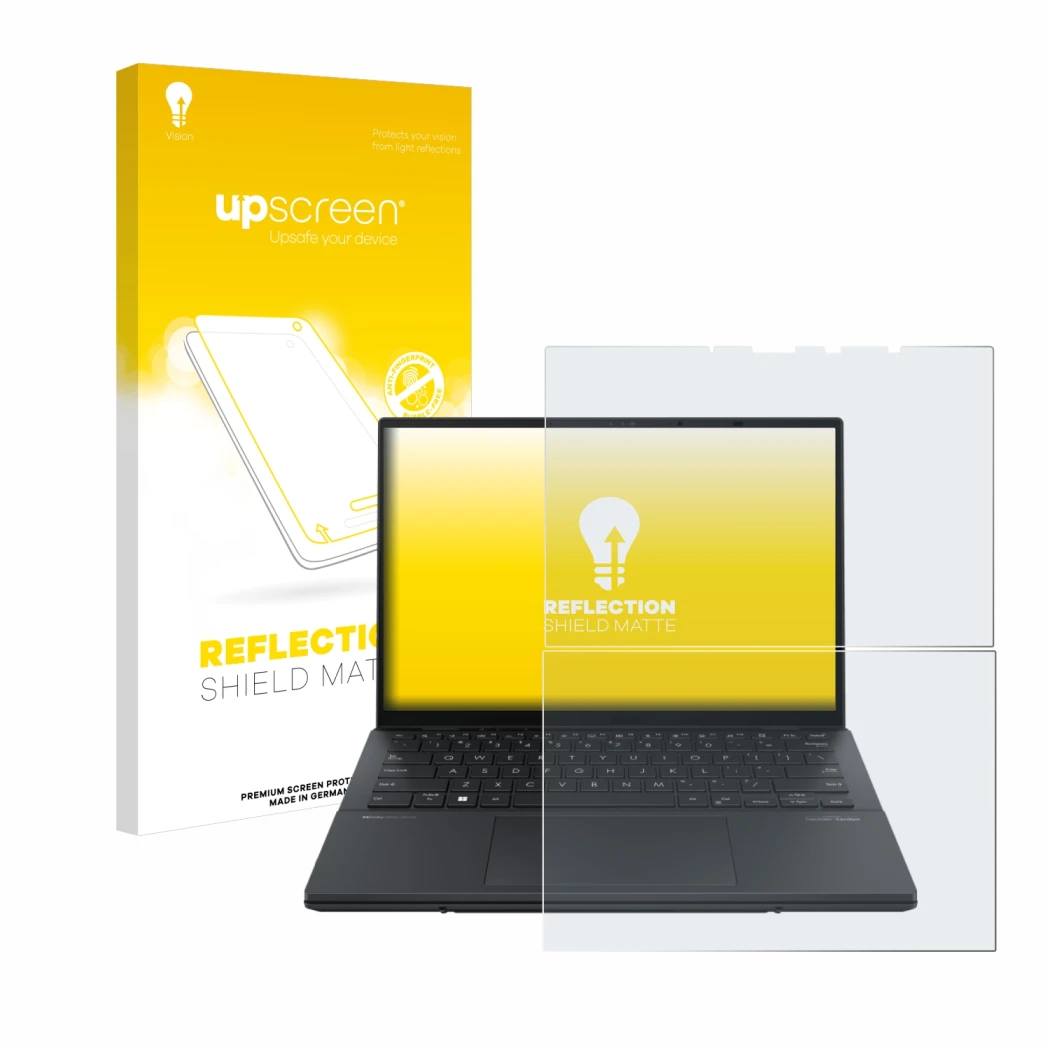 Parte frontale di una confezione del prodotto con il logo del marchio upscreen. Accanto è raffigurato il dispositivo ASUS ZenB