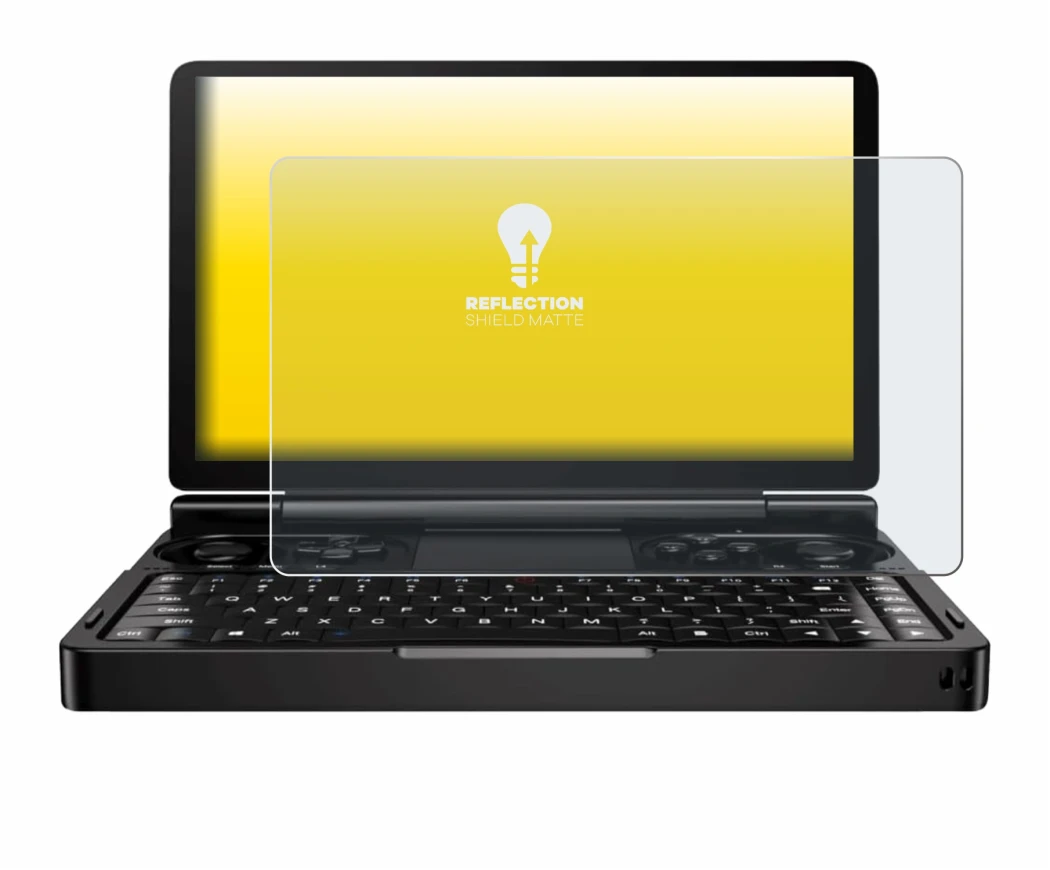 Immagine del dispositivo GPD Win Mini (2024) con un'ampia varietà di protezioni per lo schermo.
