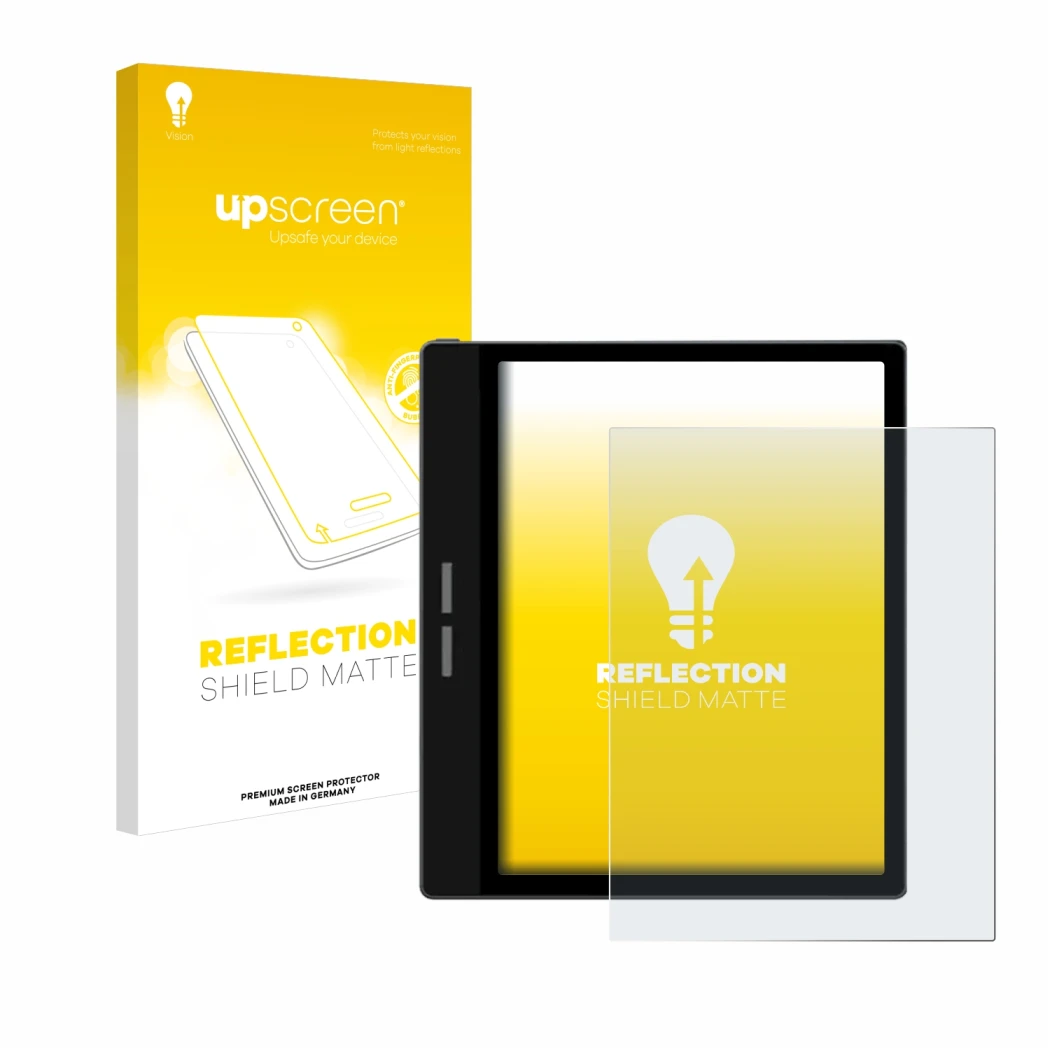 Parte frontale di una confezione del prodotto con il logo del marchio upscreen. Accanto è raffigurato il dispositivo Bigme B75